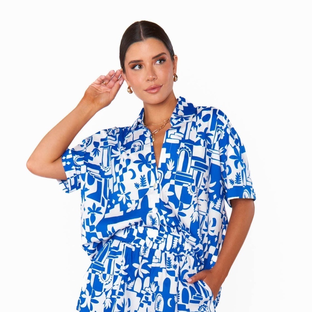 NWT Show Me Your MuMu Santorini Parker Button Up Short Sleeve Blue White  XS